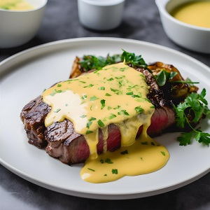 Xavier steak (a dish topped with asparagus and cheese sauce)