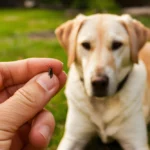 Tick removal from a dogs fur by a persons finger