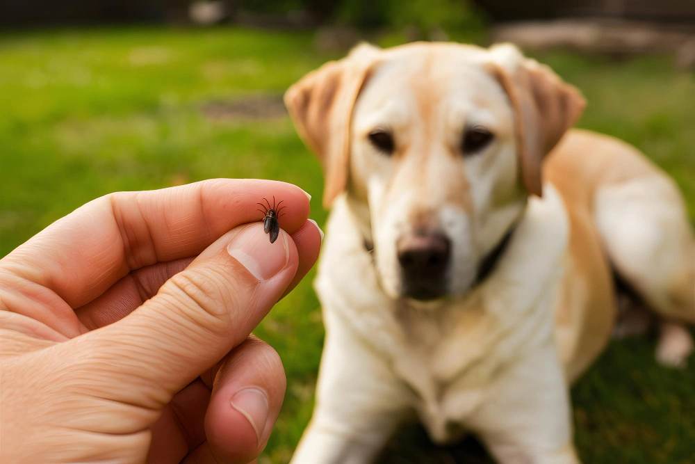 Tick removal from a dogs fur by a persons finger