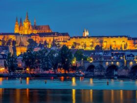 Reflection Of Illuminated Lights Of Prague Castle On The Lake