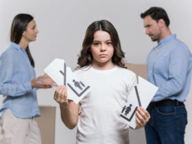 sad girl with parents arguing behind