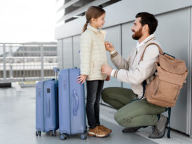 Full shot man and girl traveling