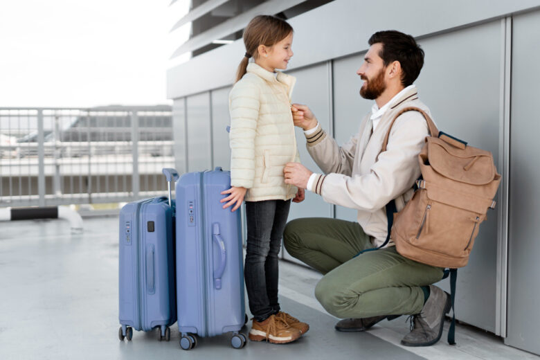 Full shot man and girl traveling