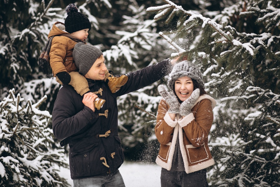 family in a winter forest